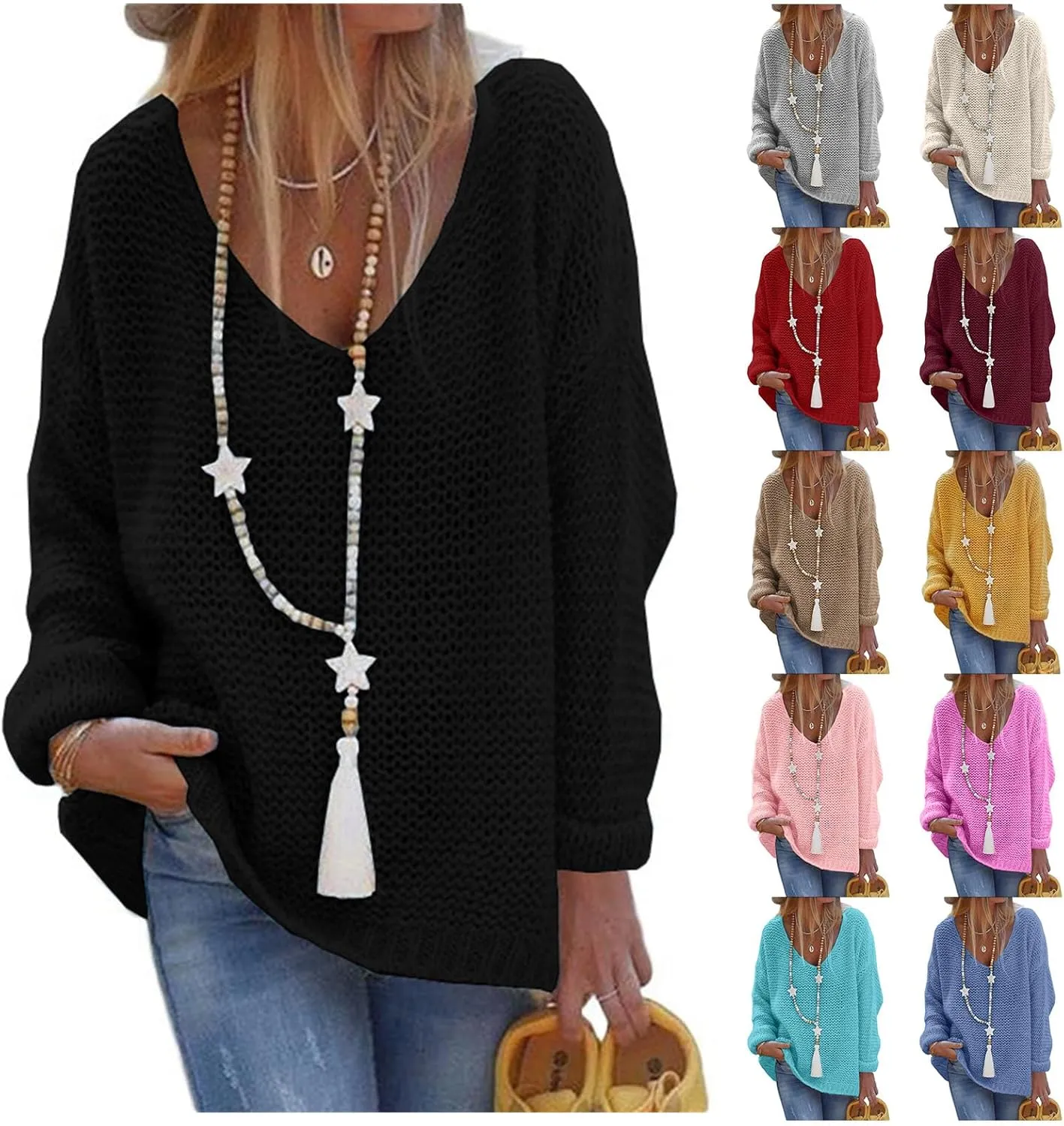 Womens Waffle Knit Long Sleeve V Neck Oversized Sweaters for Women Loose Fit Casual Pullover Sweater