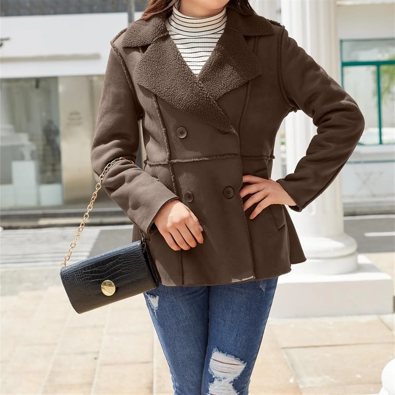 Womens Winter Faux Fur Coats Moto Jackets OversizedShearling Coat Lined Leather Jacket