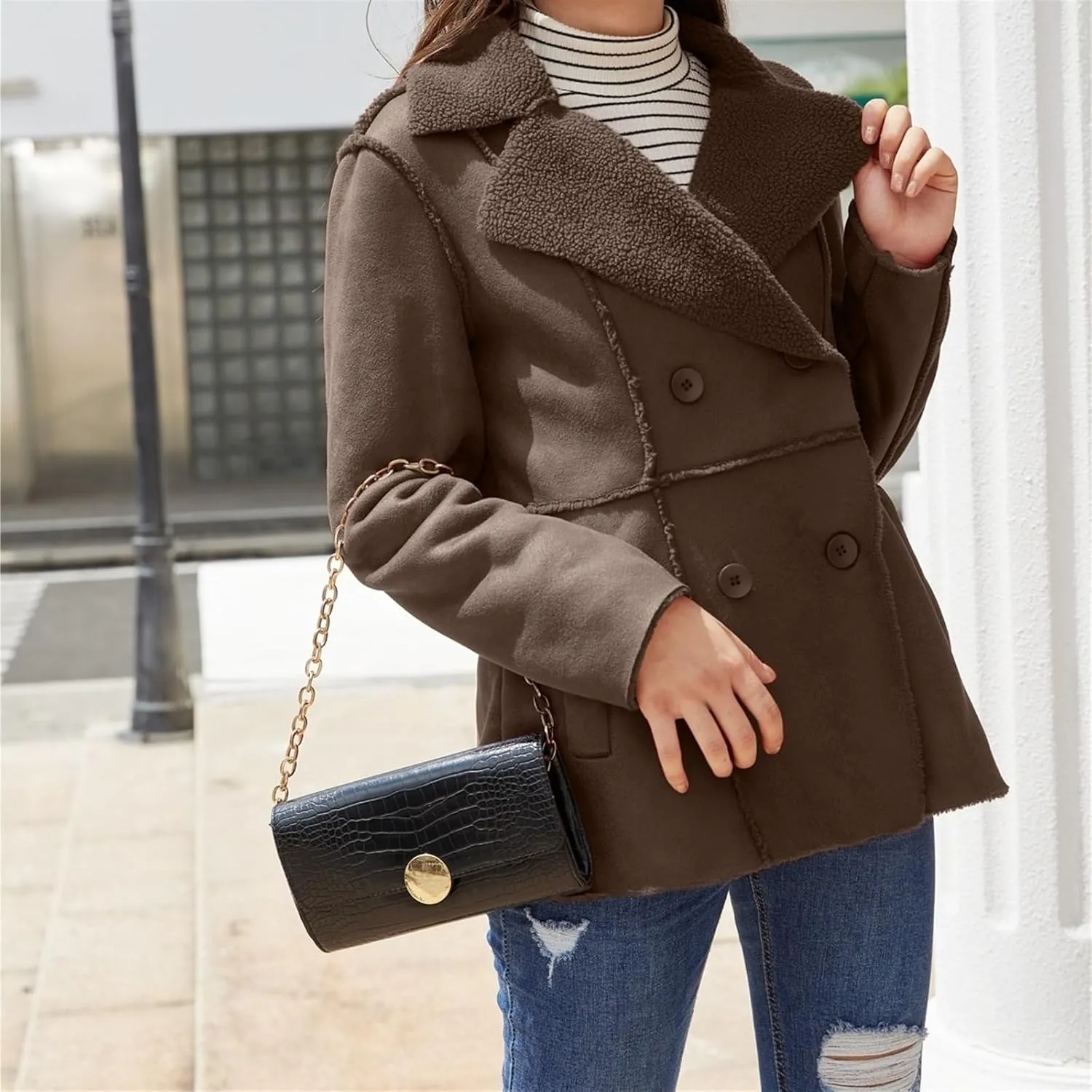 Womens Winter Faux Fur Coats Moto Jackets OversizedShearling Coat Lined Leather Jacket