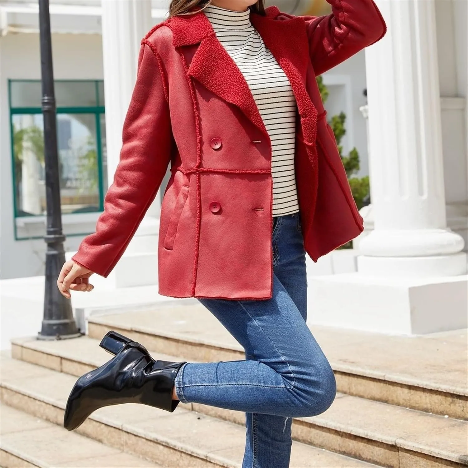 Womens Winter Faux Fur Coats Moto Jackets OversizedShearling Coat Lined Leather Jacket