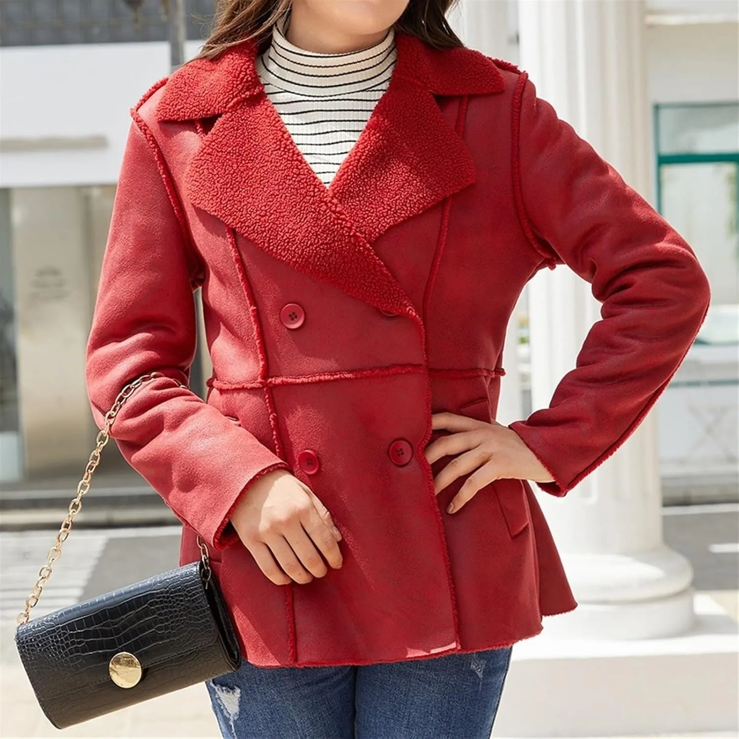 Womens Winter Faux Fur Coats Moto Jackets OversizedShearling Coat Lined Leather Jacket
