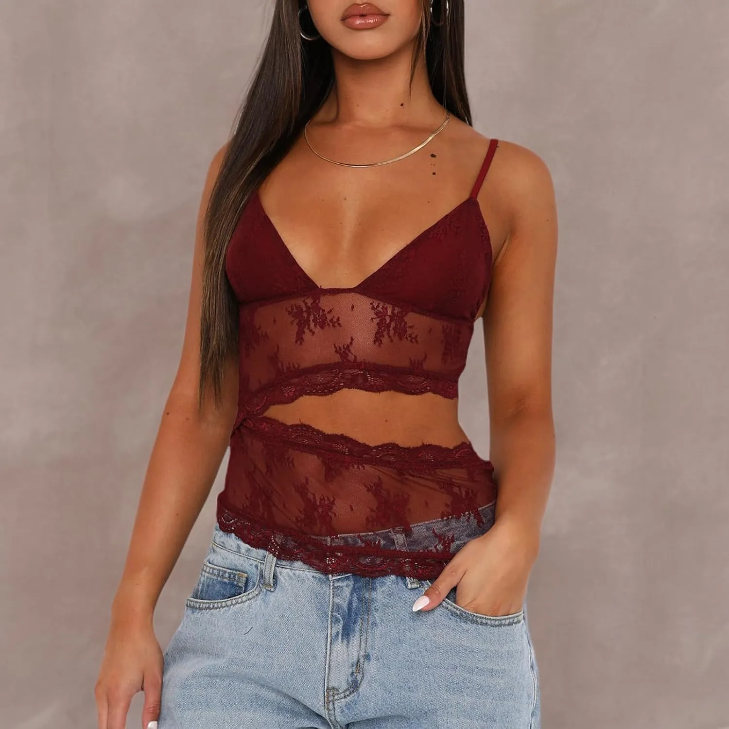 Women's Y2K Lace Cami Tank Top Sexy Mesh See Through Spaghetti Strap Crop Camisole Backless Bustier Going Out Tops