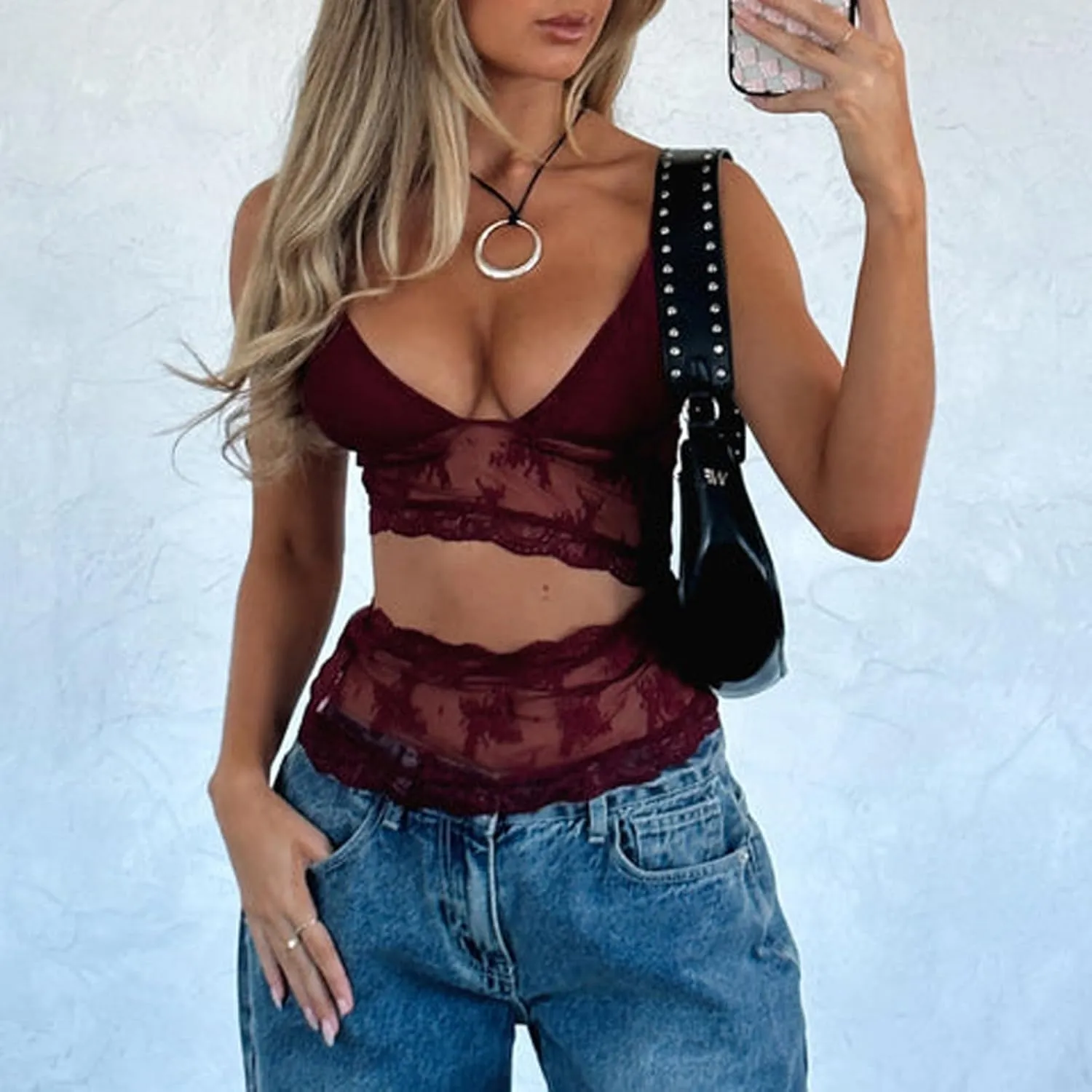Women's Y2K Lace Cami Tank Top Sexy Mesh See Through Spaghetti Strap Crop Camisole Backless Bustier Going Out Tops