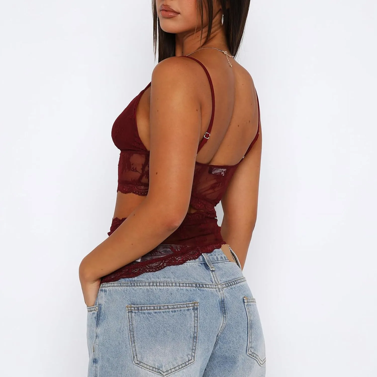 Women's Y2K Lace Cami Tank Top Sexy Mesh See Through Spaghetti Strap Crop Camisole Backless Bustier Going Out Tops