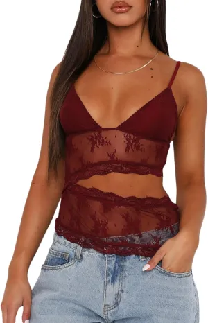 Women's Y2K Lace Cami Tank Top Sexy Mesh See Through Spaghetti Strap Crop Camisole Backless Bustier Going Out Tops