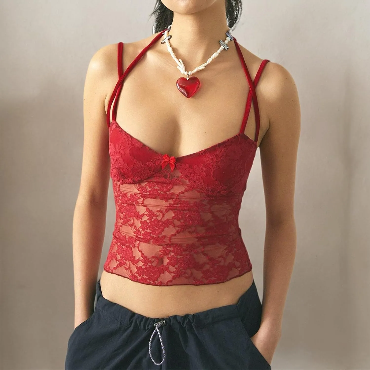 Women's Y2K Lace Cami Tank Top Sexy Mesh See Through Spaghetti Strap Crop Camisole Backless Bustier Going Out Tops