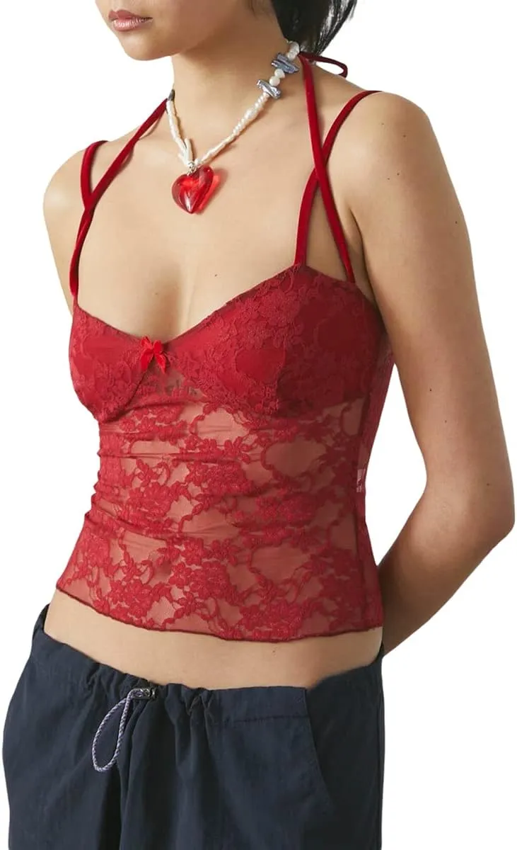 Women's Y2K Lace Cami Tank Top Sexy Mesh See Through Spaghetti Strap Crop Camisole Backless Bustier Going Out Tops