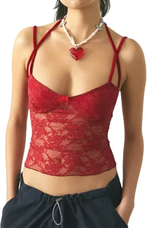 Women's Y2K Lace Cami Tank Top Sexy Mesh See Through Spaghetti Strap Crop Camisole Backless Bustier Going Out Tops