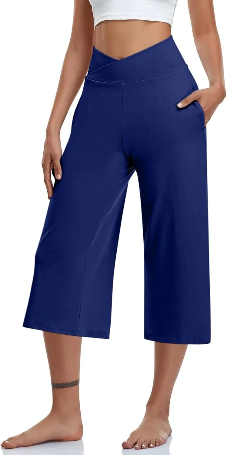 Women's Yoga Capris Pants | High Waist Leggings Crop Straight Leg Athletic Exercise Workout Shorts