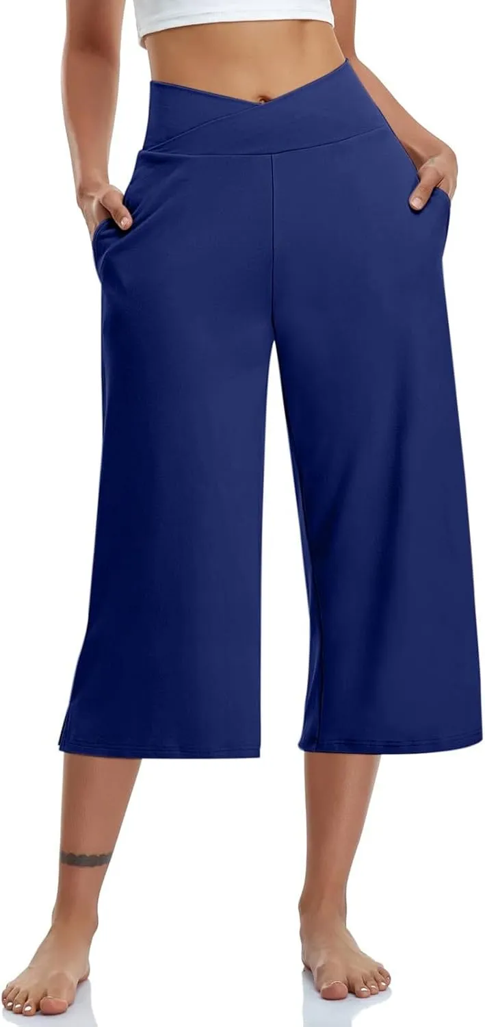 Women's Yoga Capris Pants | High Waist Leggings Crop Straight Leg Athletic Exercise Workout Shorts