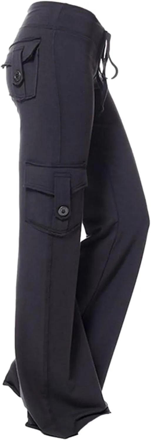Womens Yoga Leggings Cargo Pants Stretchy High Waist Elastic Loose Trousers with Pockets Wide Leg Workout Sweatpants