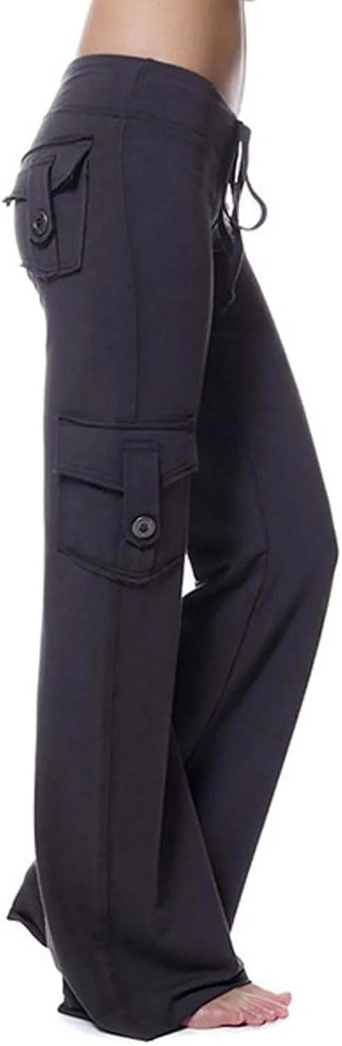 Womens Yoga Leggings Cargo Pants Stretchy High Waist Elastic Loose Trousers with Pockets Wide Leg Workout Sweatpants