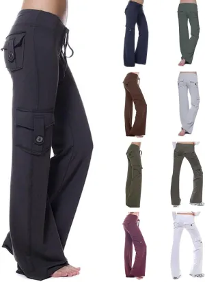 Womens Yoga Leggings Cargo Pants Stretchy High Waist Elastic Loose Trousers with Pockets Wide Leg Workout Sweatpants