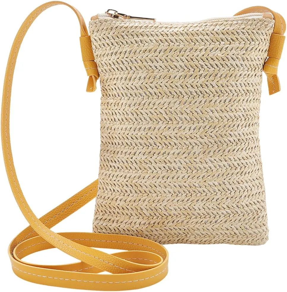 Woven Straw with Adjustable Leather Handles Straps Metal Zipper Beach Bucket Shape Purses Tote Bag Crossbody Shoulder Bags for Women Summer Casual Vacation Travel Daily Work Use Satchel