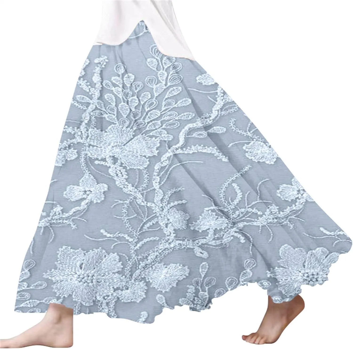 XOWRTE Women's Boho Casual Skirts Summer 2025 Lace Embroidery Elastic Waist Flowy Tiered A-Line Beach Maxi Skirt Swing Cute