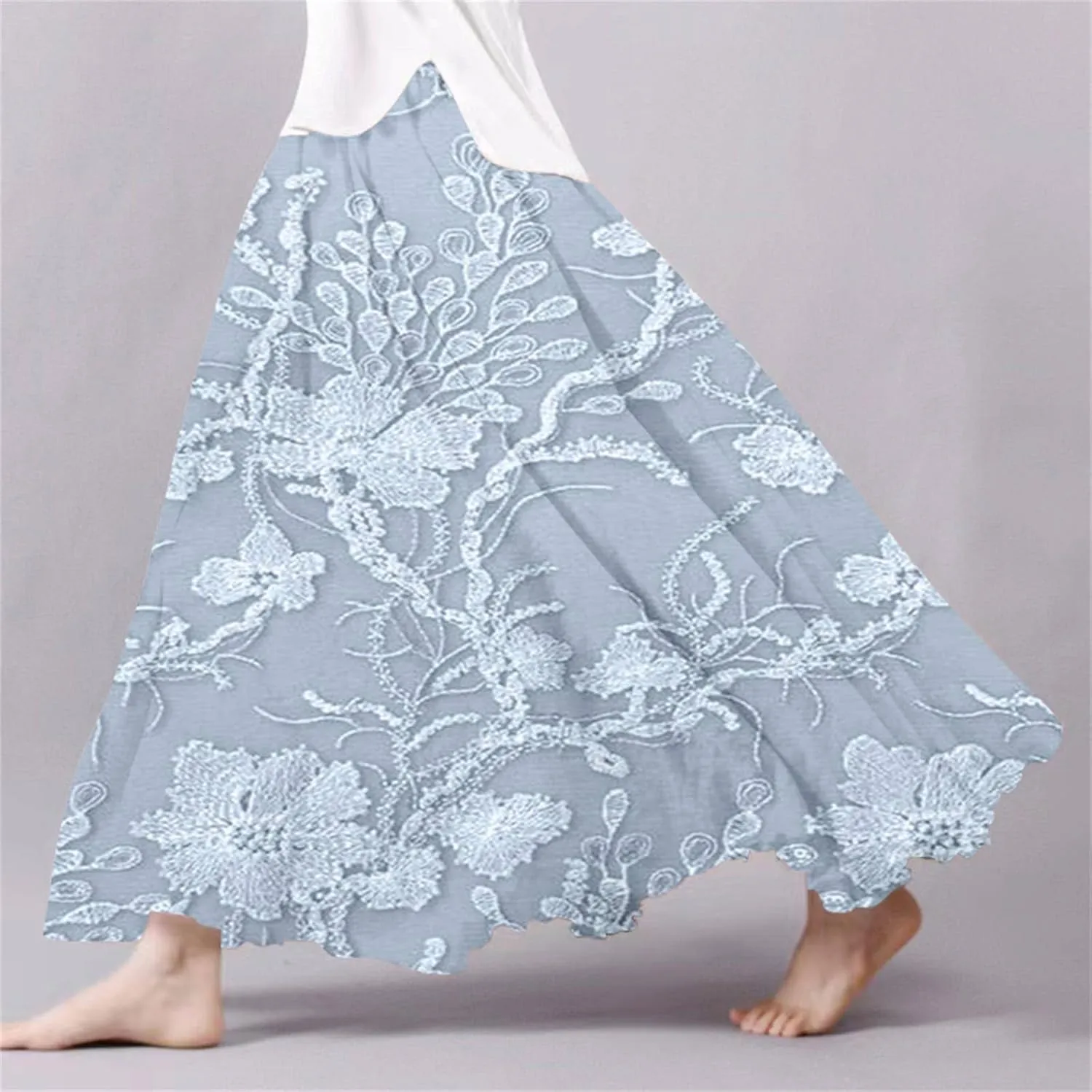 XOWRTE Women's Boho Casual Skirts Summer 2025 Lace Embroidery Elastic Waist Flowy Tiered A-Line Beach Maxi Skirt Swing Cute