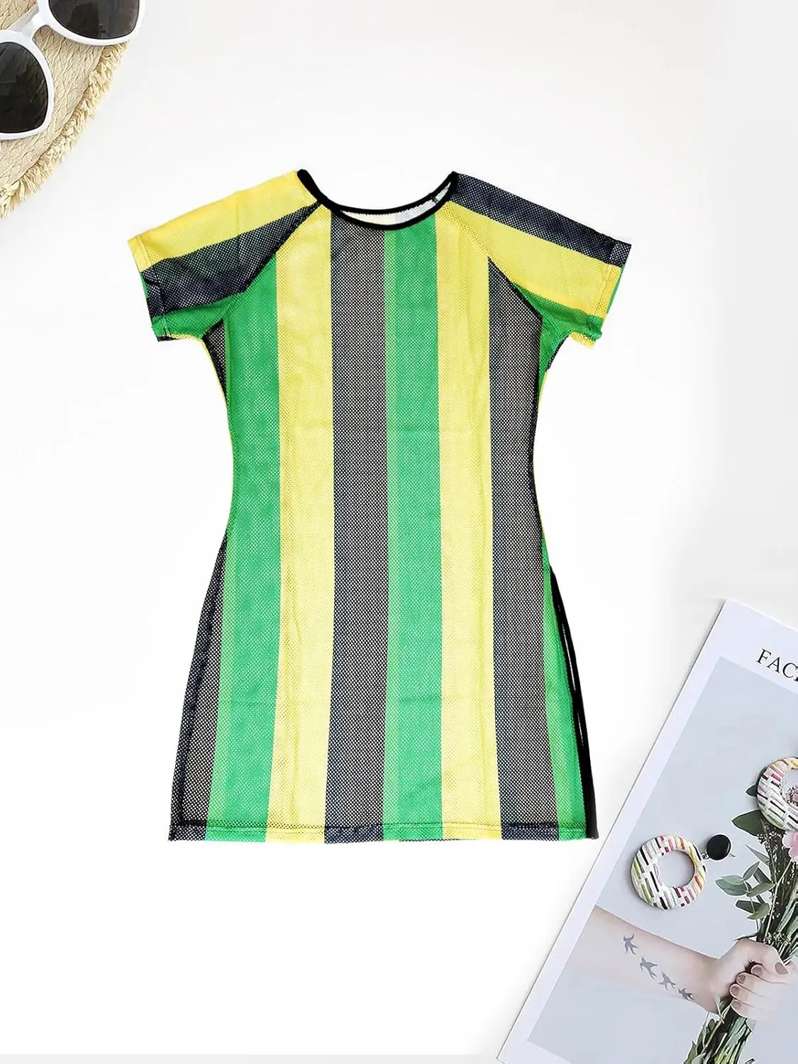 XZLUFNY Womens Colorful Stripe Fishnet Beach Dress Bikinis Swimwear Cover Ups