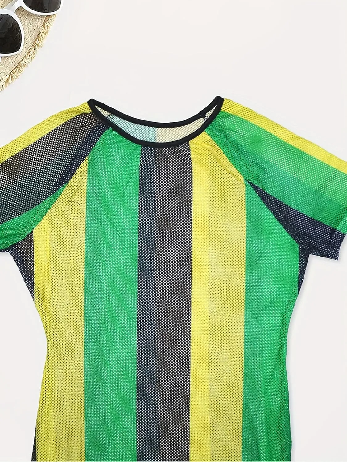 XZLUFNY Womens Colorful Stripe Fishnet Beach Dress Bikinis Swimwear Cover Ups