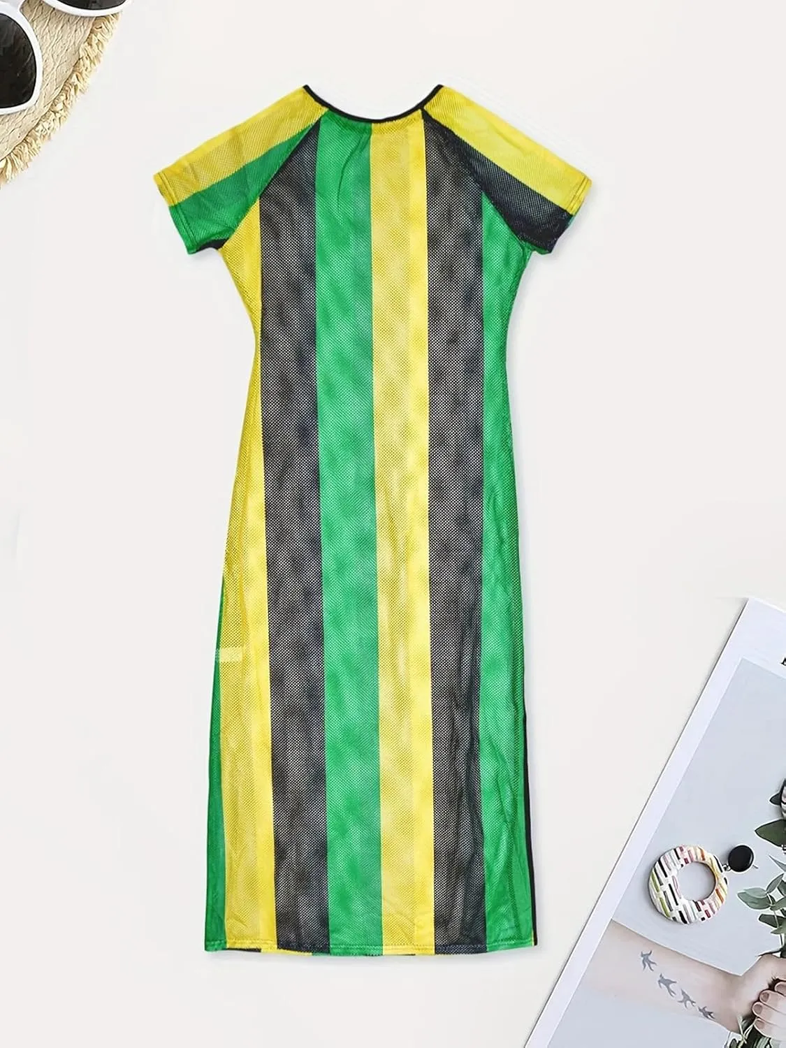 XZLUFNY Womens Colorful Stripe Fishnet Beach Dress Bikinis Swimwear Cover Ups