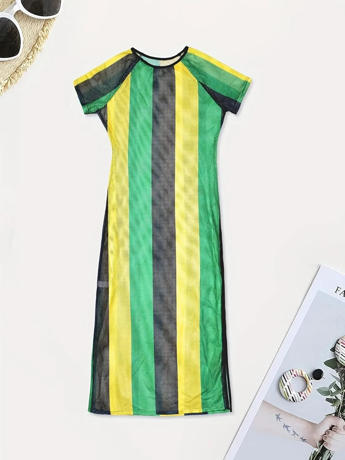 XZLUFNY Womens Colorful Stripe Fishnet Beach Dress Bikinis Swimwear Cover Ups