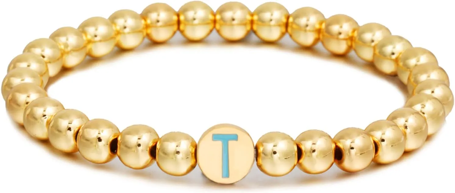 YBMYCM Letter Beaded Bracelets Initial Bracelets 14K Gold Plated Stretch Bracelets for Women Jewelry