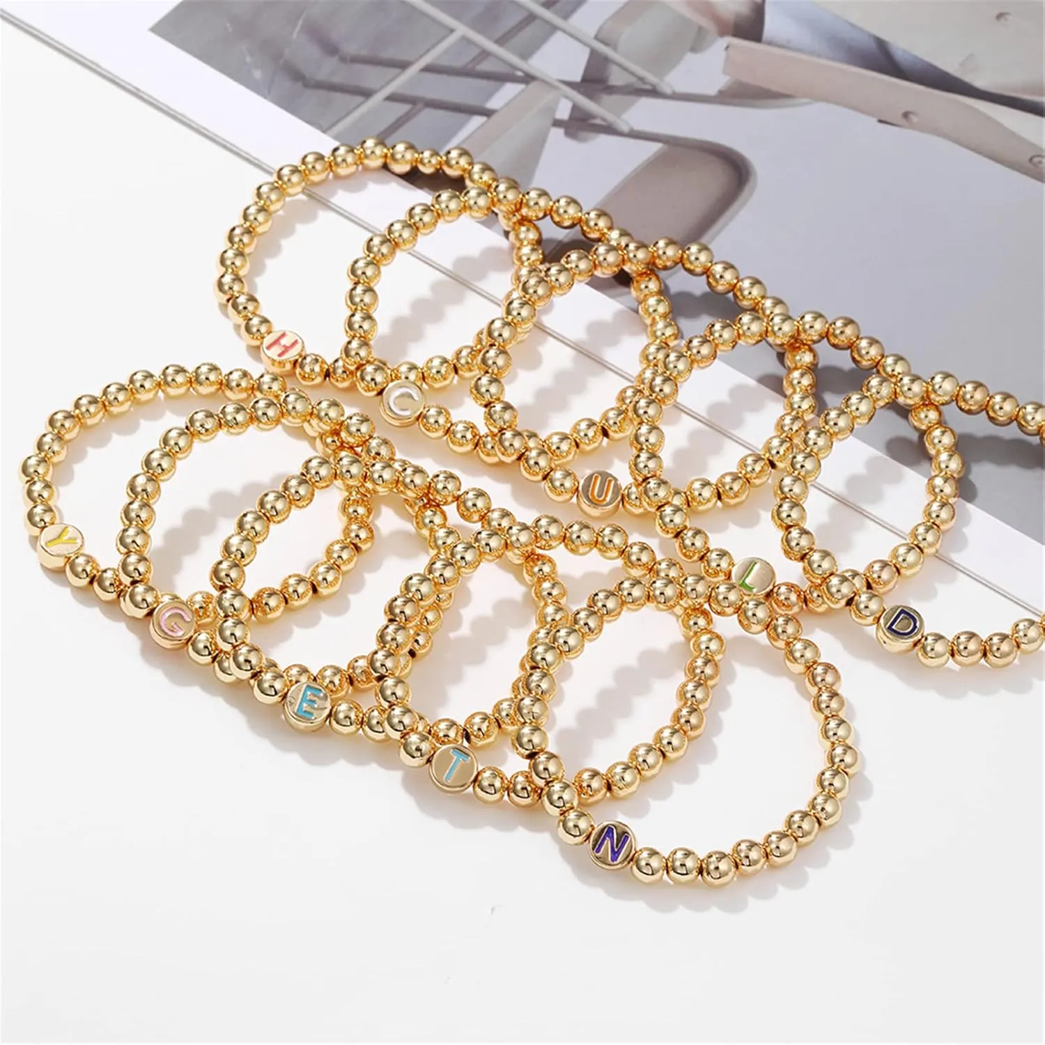 YBMYCM Letter Beaded Bracelets Initial Bracelets 14K Gold Plated Stretch Bracelets for Women Jewelry