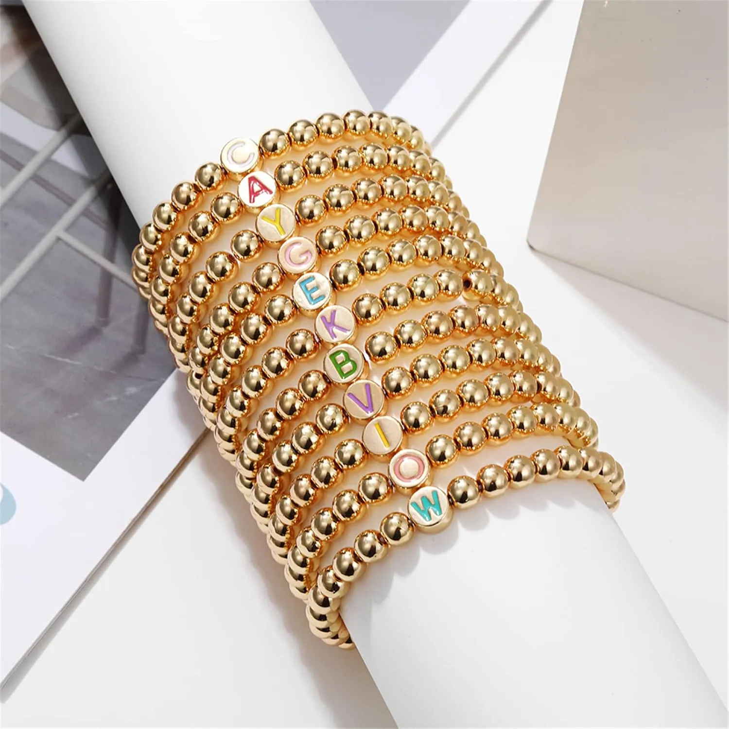 YBMYCM Letter Beaded Bracelets Initial Bracelets 14K Gold Plated Stretch Bracelets for Women Jewelry