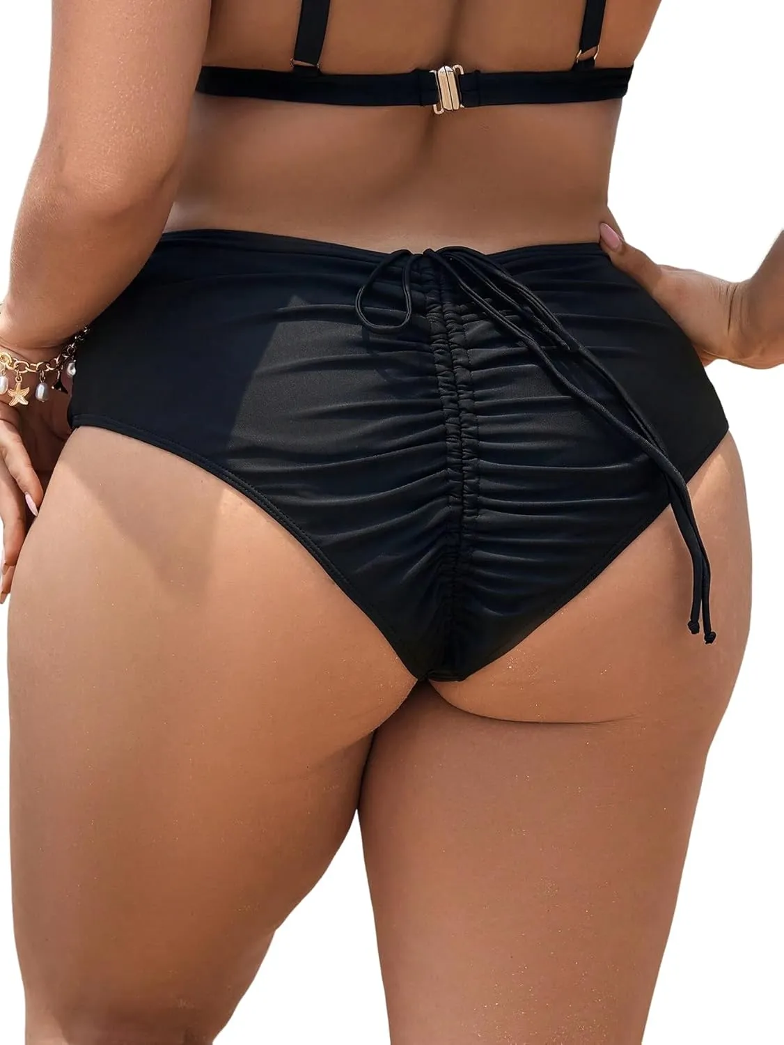 YELAIVP Plus Size Women's Ruched High Waisted Bikini Bottoms Full Coverage Bathing Suit Bottoms Drawstring Swim Bottom