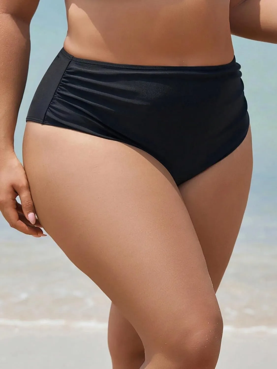 YELAIVP Plus Size Women's Ruched High Waisted Bikini Bottoms Full Coverage Bathing Suit Bottoms Drawstring Swim Bottom