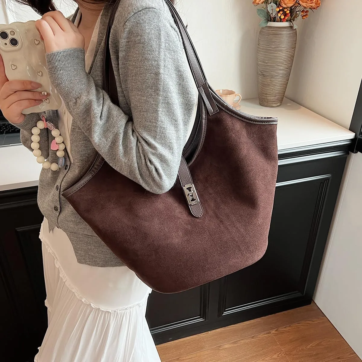 YFGBCX Tote Bags Suede Bag for Women Fall Hobo Bag Bucket Tote Bag Work Hobo Handbags Scoop Neck Tote