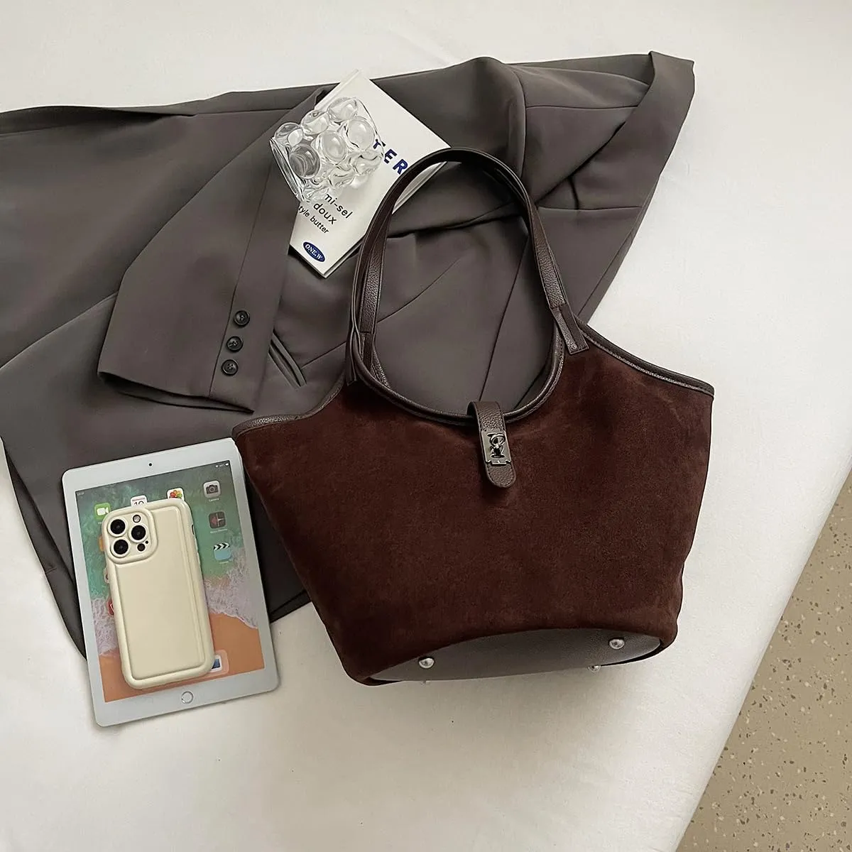 YFGBCX Tote Bags Suede Bag for Women Fall Hobo Bag Bucket Tote Bag Work Hobo Handbags Scoop Neck Tote