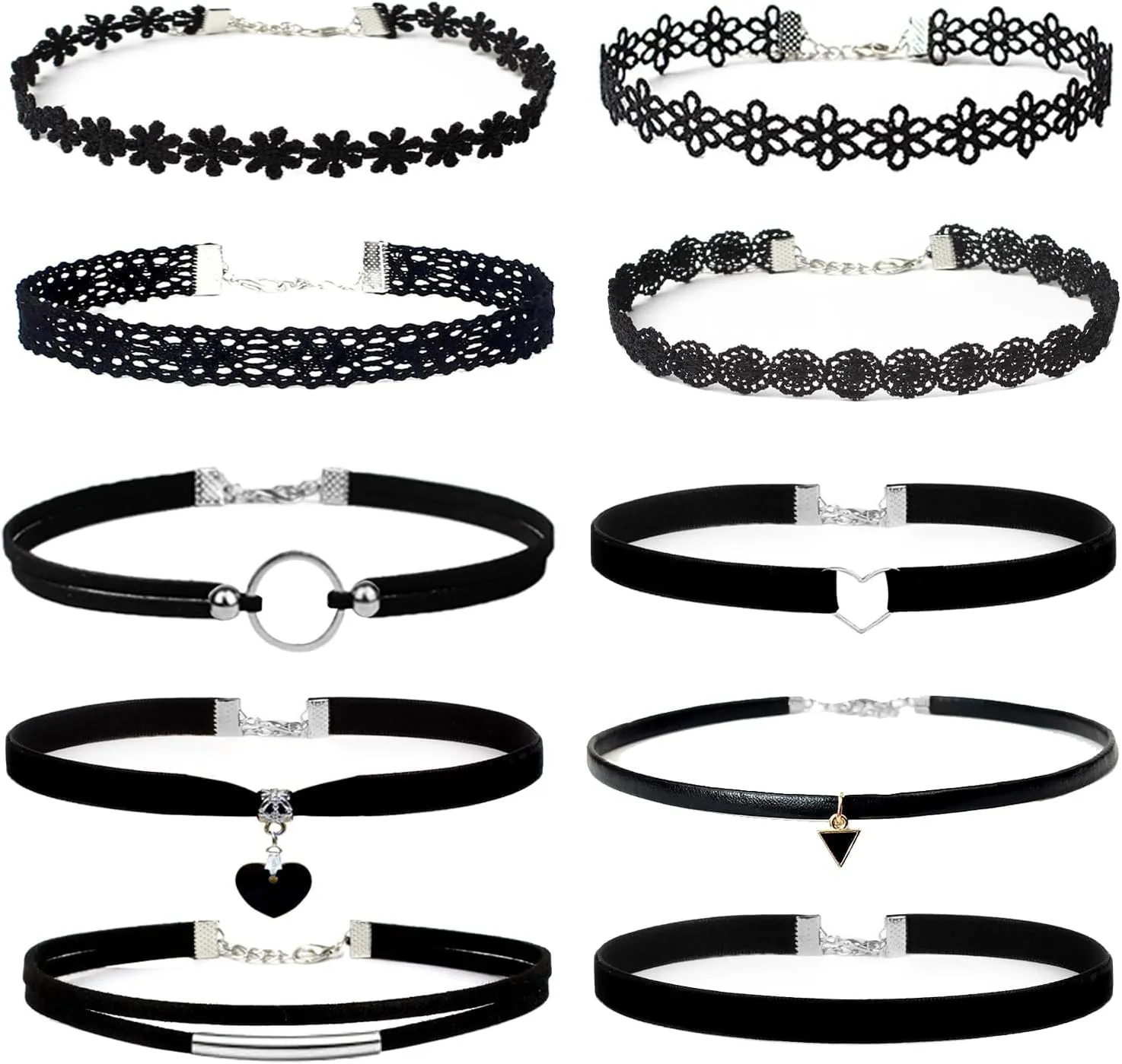 YOKER 10 Pcs Black Necklaces for Women Adjustable Layered Velvet Choker Set Classic Gothic Tattoo Lace Chokers