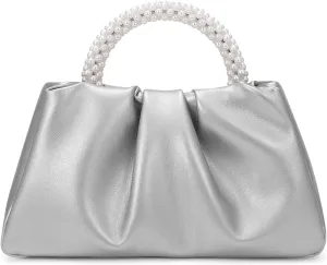 YYW Women Evening Bags Pearl Clutch Purses Soft Leather Ruched Crossbody Handbags for Wedding Bridal Party