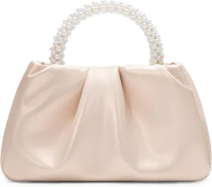 YYW Women Evening Bags Pearl Clutch Purses Soft Leather Ruched Crossbody Handbags for Wedding Bridal Party