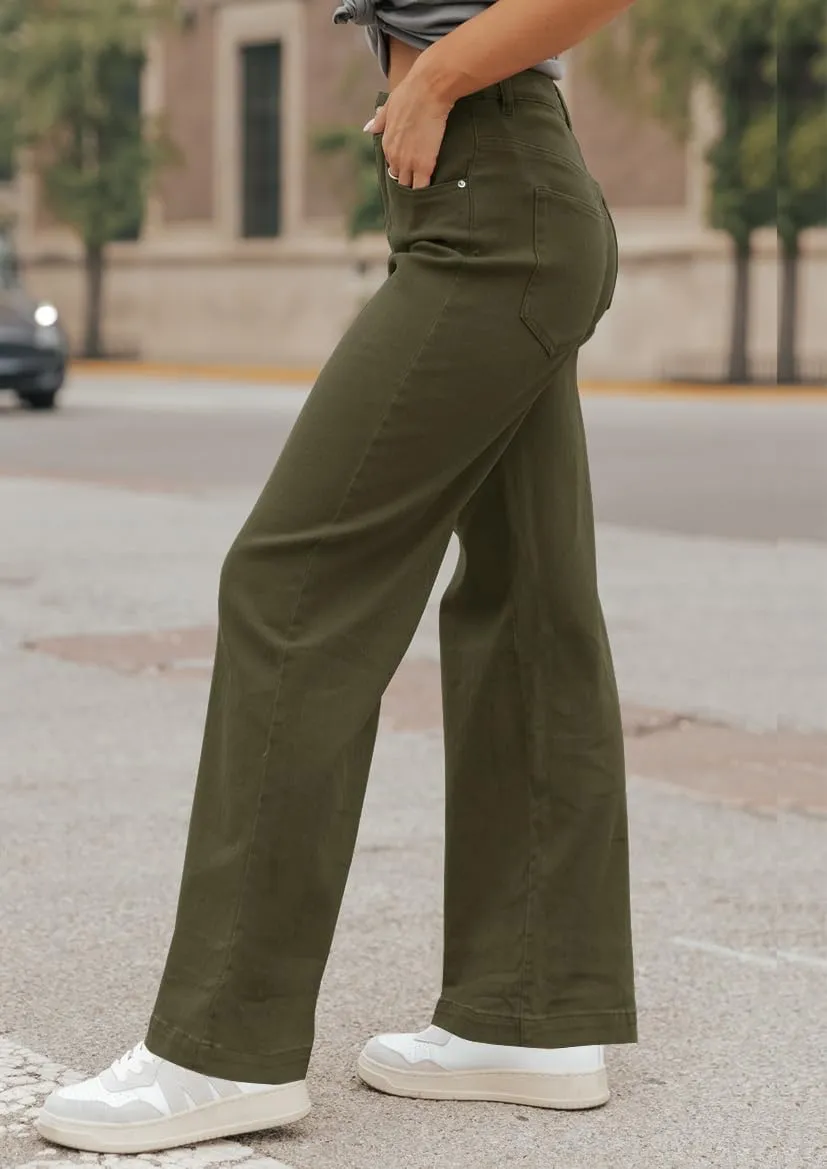 ZC&GF Women's Wide Leg Pants Loose Straight Pants Back High Elastic Waist Business Work Pants Trousers Long Pants