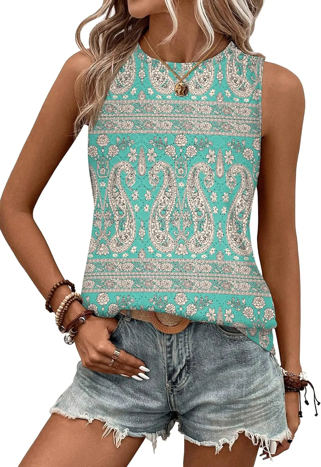 Zeagoo Tank Tops for Women Sleeveless Eyelet Shirts High Neck Cute Summer Top Loose Fit S-XXL
