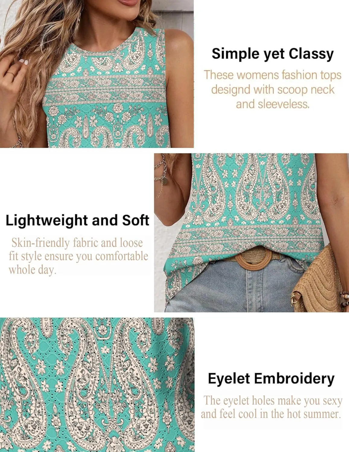 Zeagoo Tank Tops for Women Sleeveless Eyelet Shirts High Neck Cute Summer Top Loose Fit S-XXL