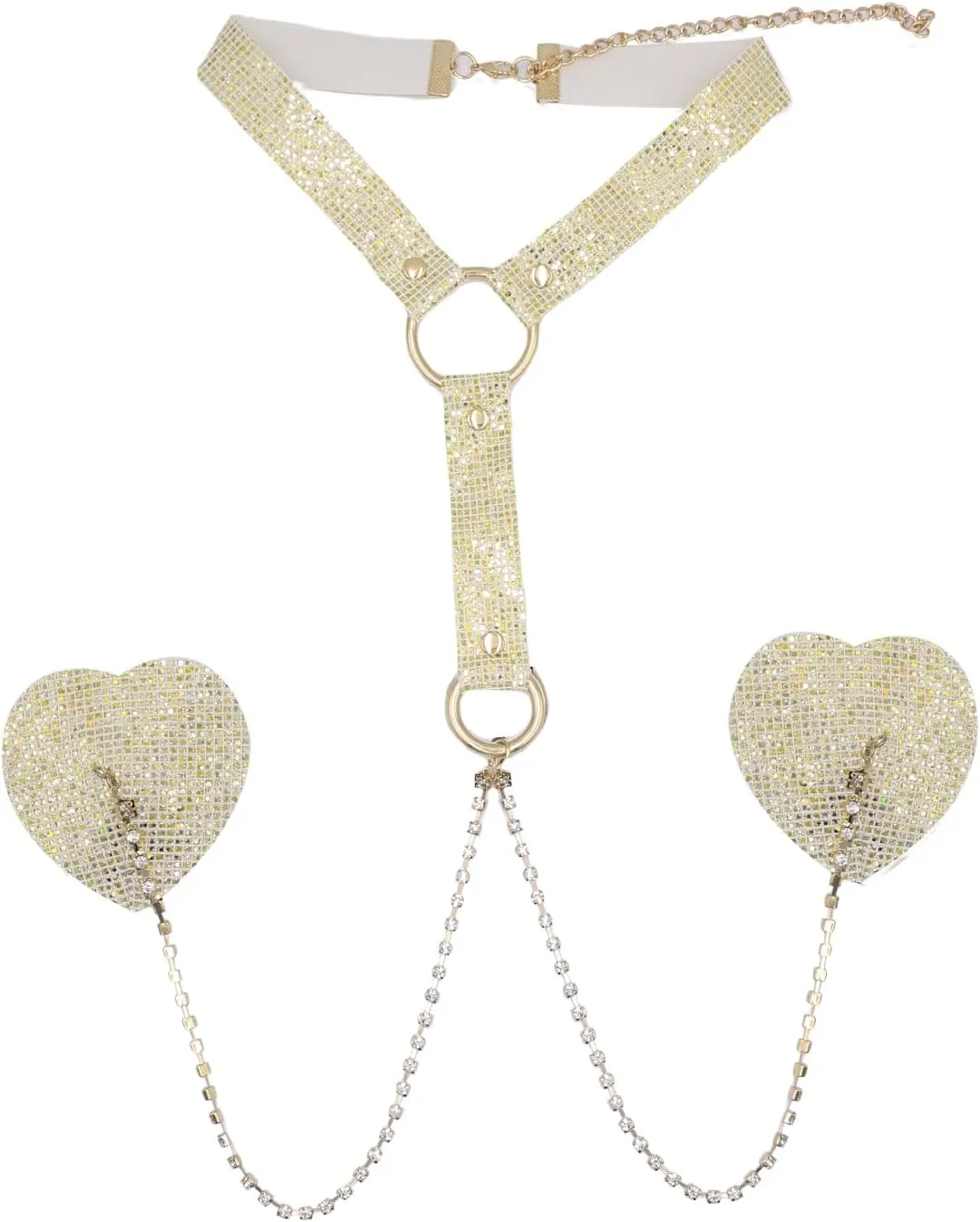 ZGMYC Glitter Sequin Heart Nipple Covers Pasties with Rhinestone Chain Reusable Silicone Breast Petals Sexy Body Jewelry
