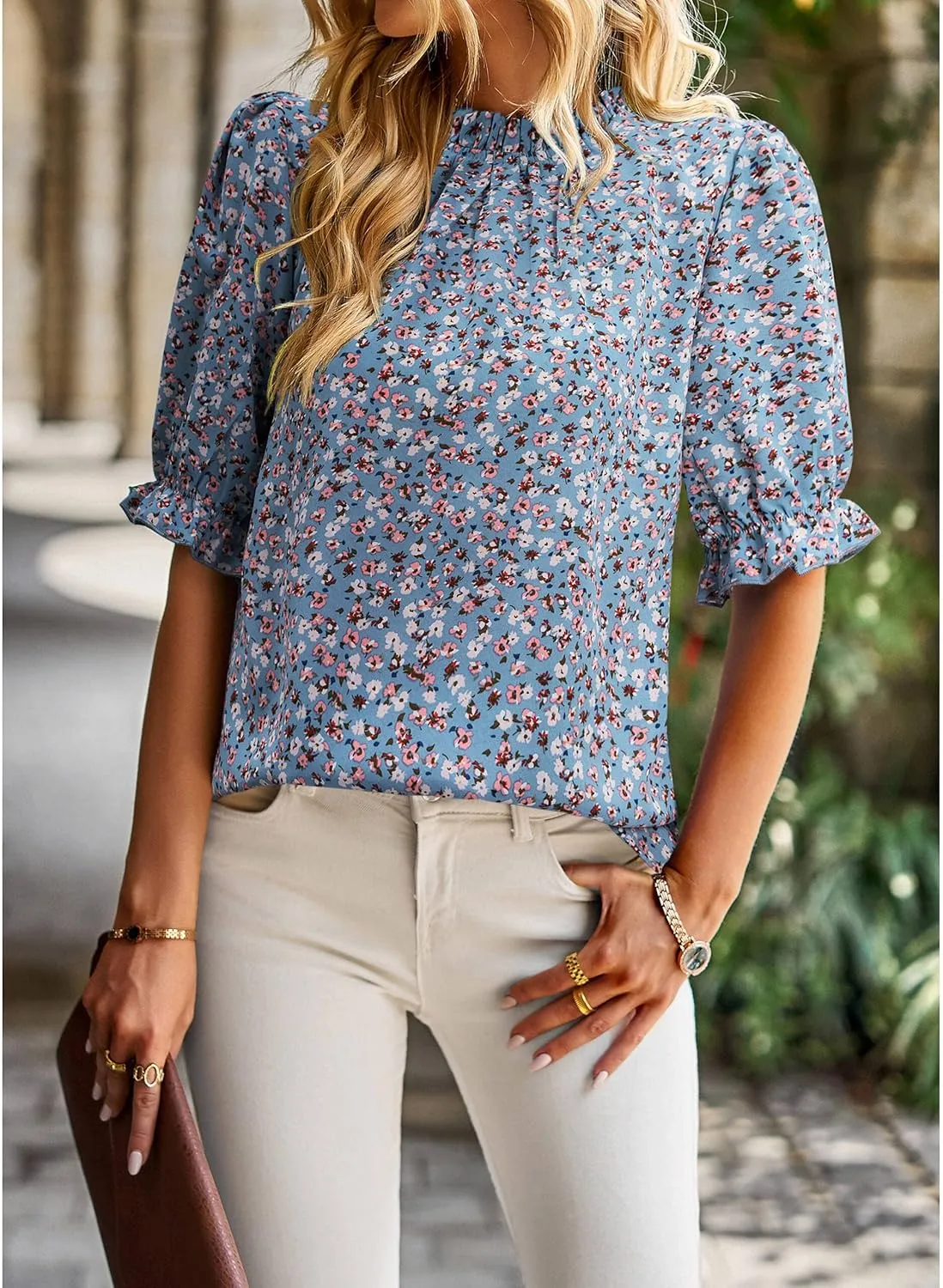 ZILIN Women's Summer Boho Floral Shirt Top Ruffle Mock Neck Puff Short Sleeve 2024 Casual Blouses