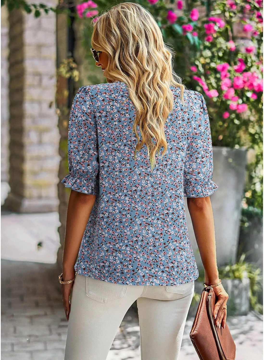 ZILIN Women's Summer Boho Floral Shirt Top Ruffle Mock Neck Puff Short Sleeve 2024 Casual Blouses