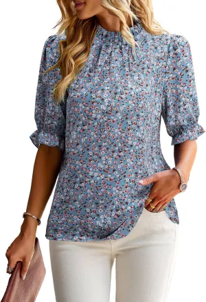 ZILIN Women's Summer Boho Floral Shirt Top Ruffle Mock Neck Puff Short Sleeve 2024 Casual Blouses
