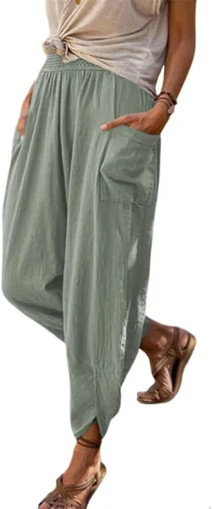 ZOCAVIA Women's Linen Harem Pants Casual Loose High Waisted Pants Smocked Beach Pants Trousers Jogger Yoga Pants with Pockets