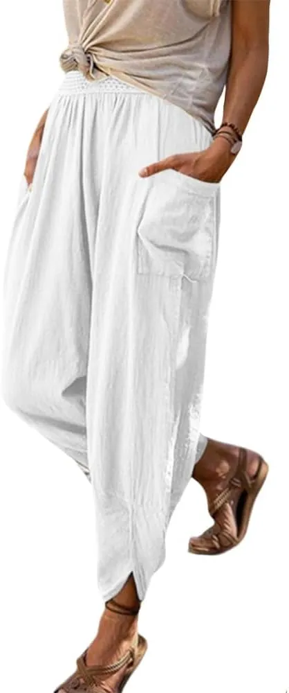 ZOCAVIA Women's Linen Harem Pants Casual Loose High Waisted Pants Smocked Beach Pants Trousers Jogger Yoga Pants with Pockets