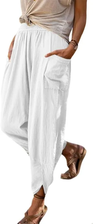 ZOCAVIA Women's Linen Harem Pants Casual Loose High Waisted Pants Smocked Beach Pants Trousers Jogger Yoga Pants with Pockets