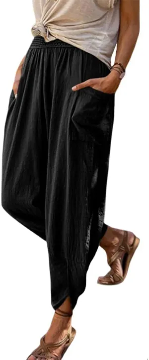 ZOCAVIA Women's Linen Harem Pants Casual Loose High Waisted Pants Smocked Beach Pants Trousers Jogger Yoga Pants with Pockets