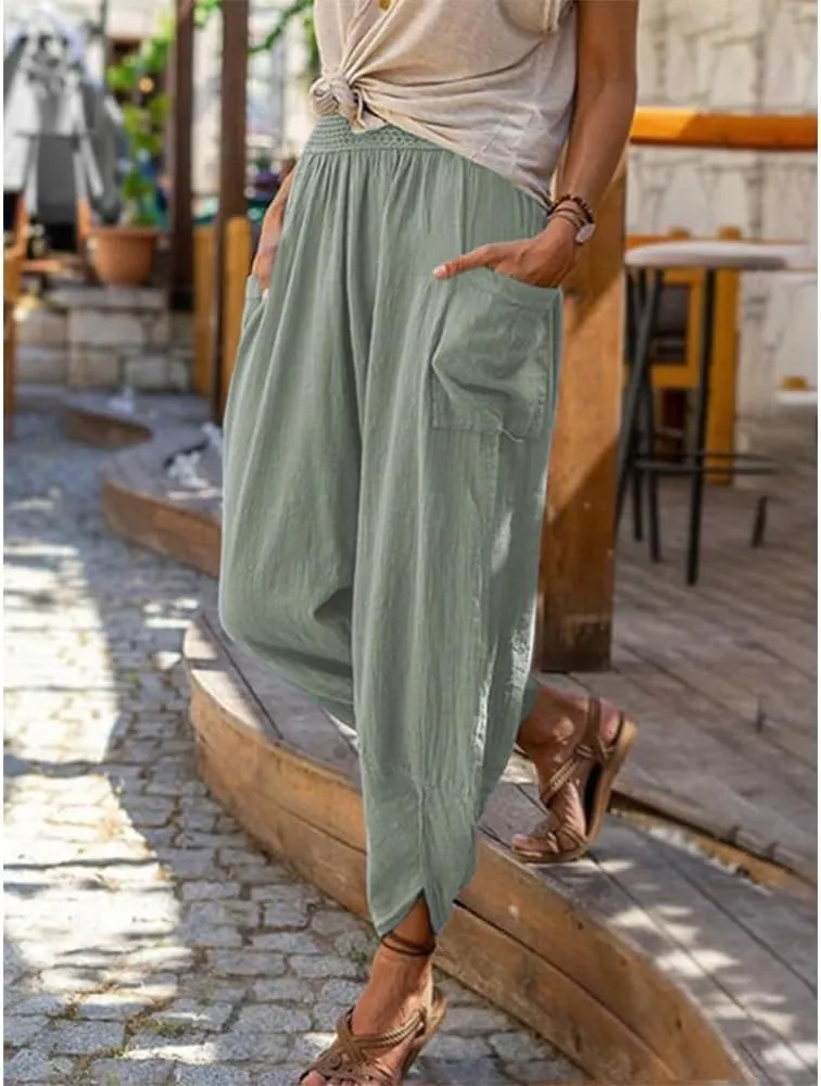 ZOCAVIA Women's Linen Harem Pants Casual Loose High Waisted Pants Smocked Beach Pants Trousers Jogger Yoga Pants with Pockets