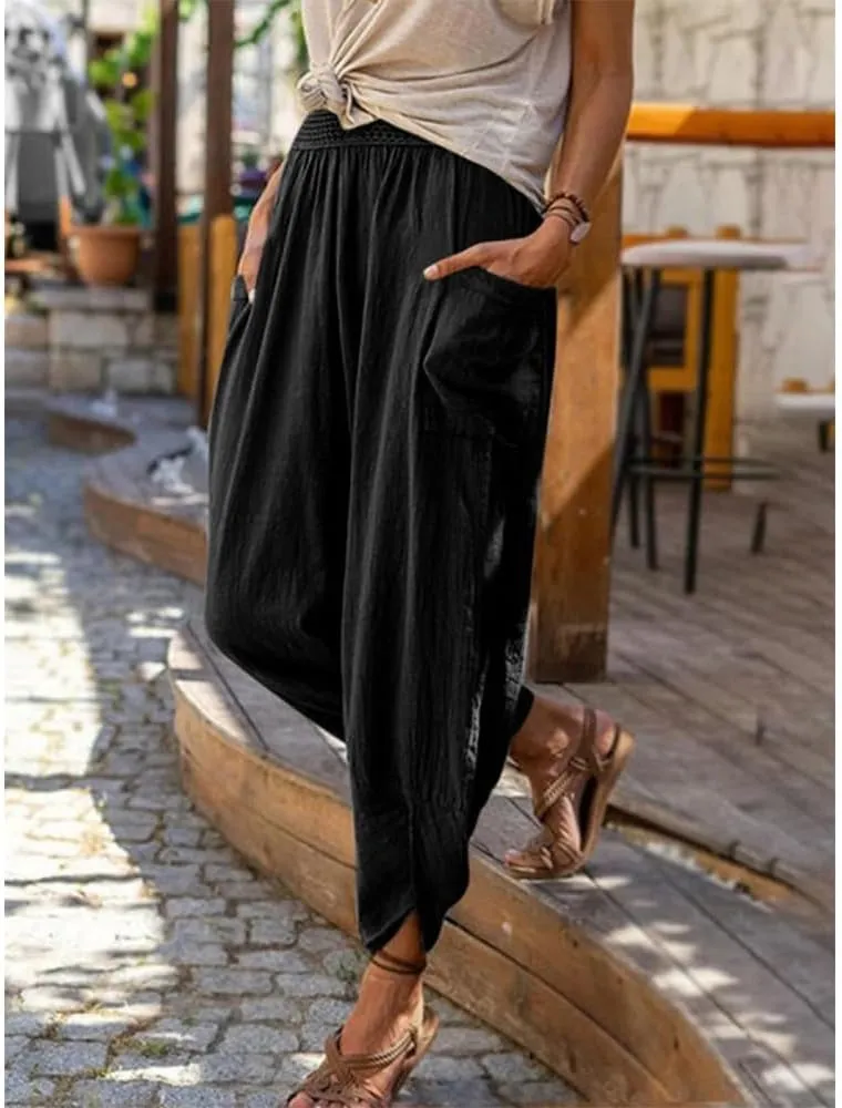 ZOCAVIA Women's Linen Harem Pants Casual Loose High Waisted Pants Smocked Beach Pants Trousers Jogger Yoga Pants with Pockets