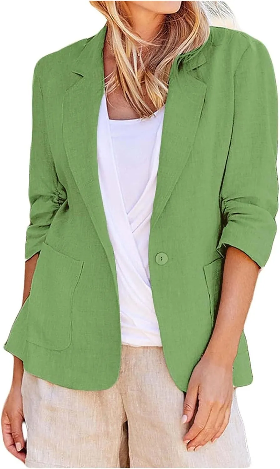 ZWRXW Womens Casual Blazers 3/4 Stretchy Ruched Sleeve Jackets Button Down Lapel Blazer Suit Business Work Office Jackets