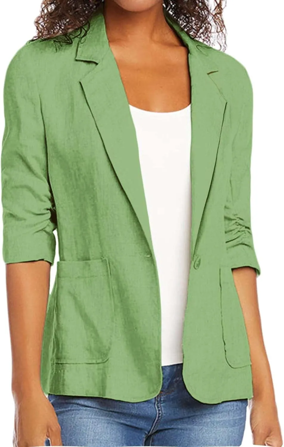 ZWRXW Womens Casual Blazers 3/4 Stretchy Ruched Sleeve Jackets Button Down Lapel Blazer Suit Business Work Office Jackets
