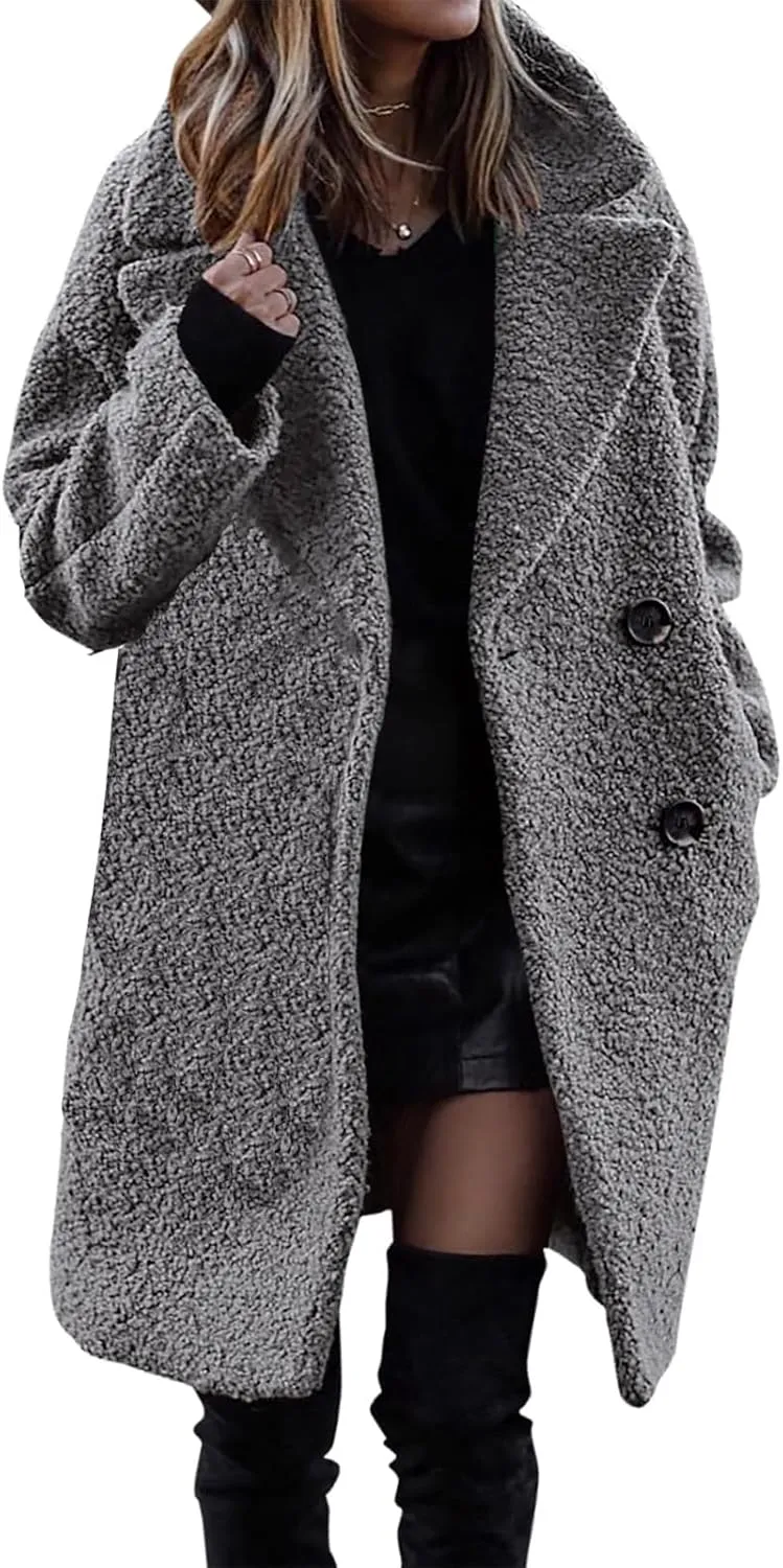 ZWRXW Women's Faux Fur Trench Coats Notched Lapel Long Sleeve Coats Double Breasted Fuzzy Fleece Jackets Fall Winter Outwear